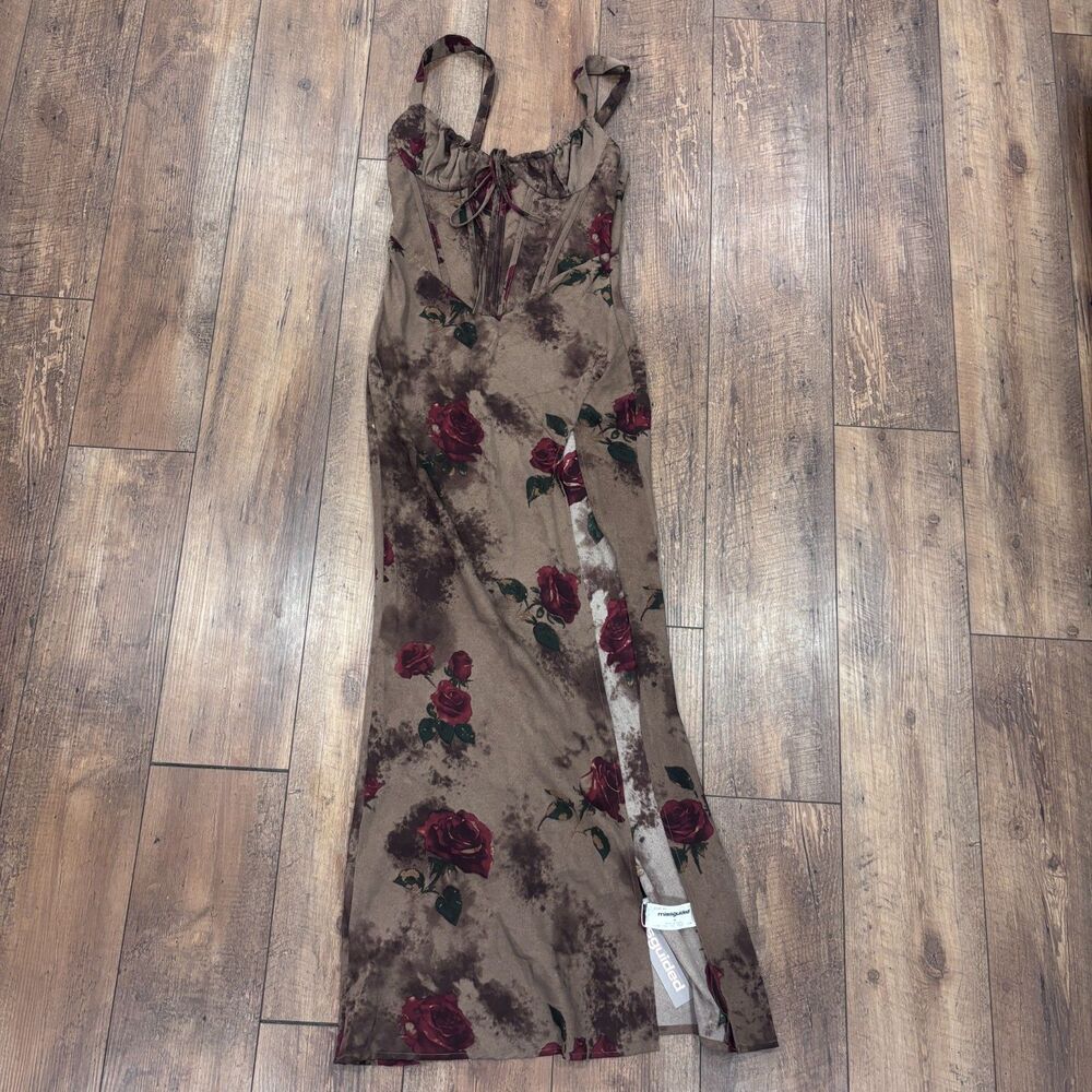 NWT Missguided Corset Bustier Rose Print Maxi Dress Thigh Split Floral Y2K Sz M - Picture 6 of 11